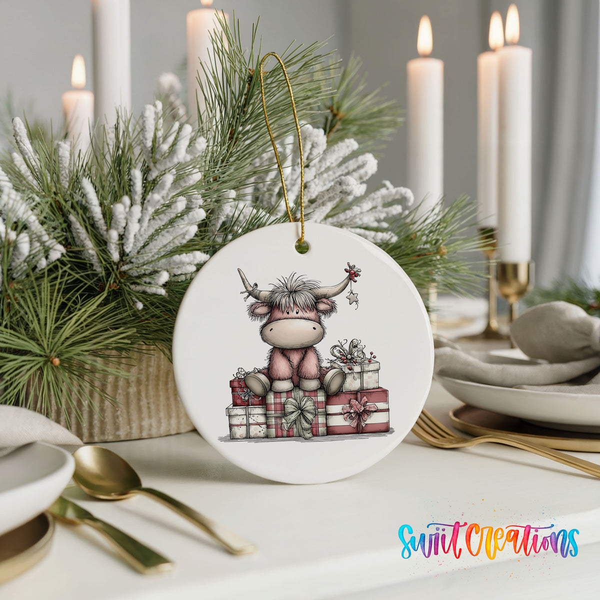 Highland cow sitting behind wrapped Christmas gifts ceramic Christmas ornament shown in a holiday table setting
