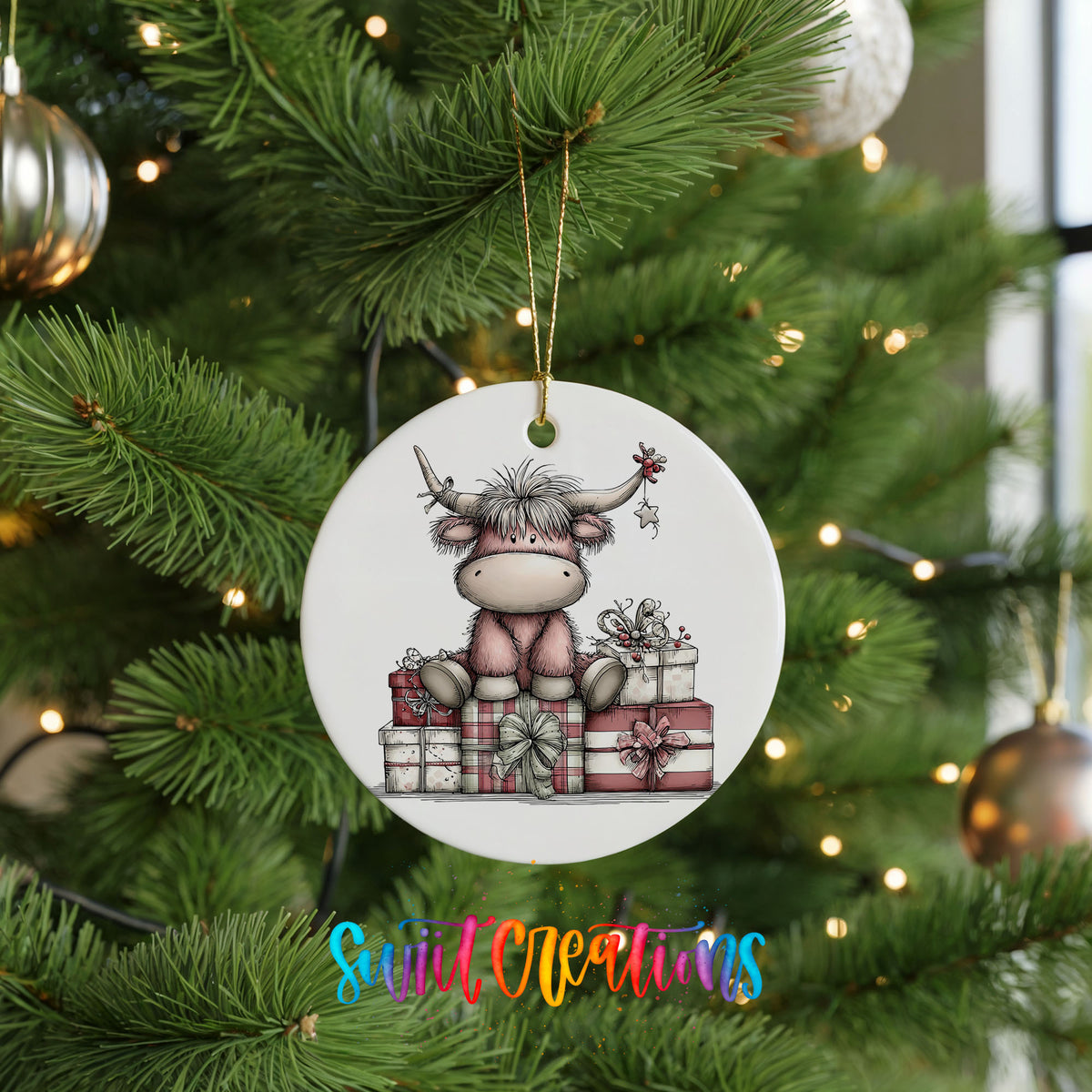 Highland cow sitting behind wrapped Christmas gifts ceramic Christmas ornament hanging on a lit Christmas tree
