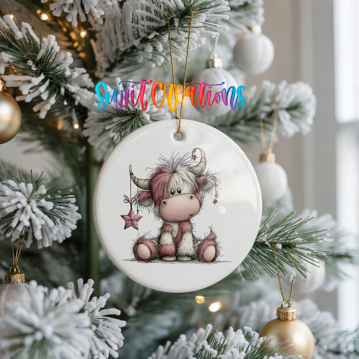 Highland cow with pink winter flowers ceramic Christmas ornament hanging on a frosted Christmas tree