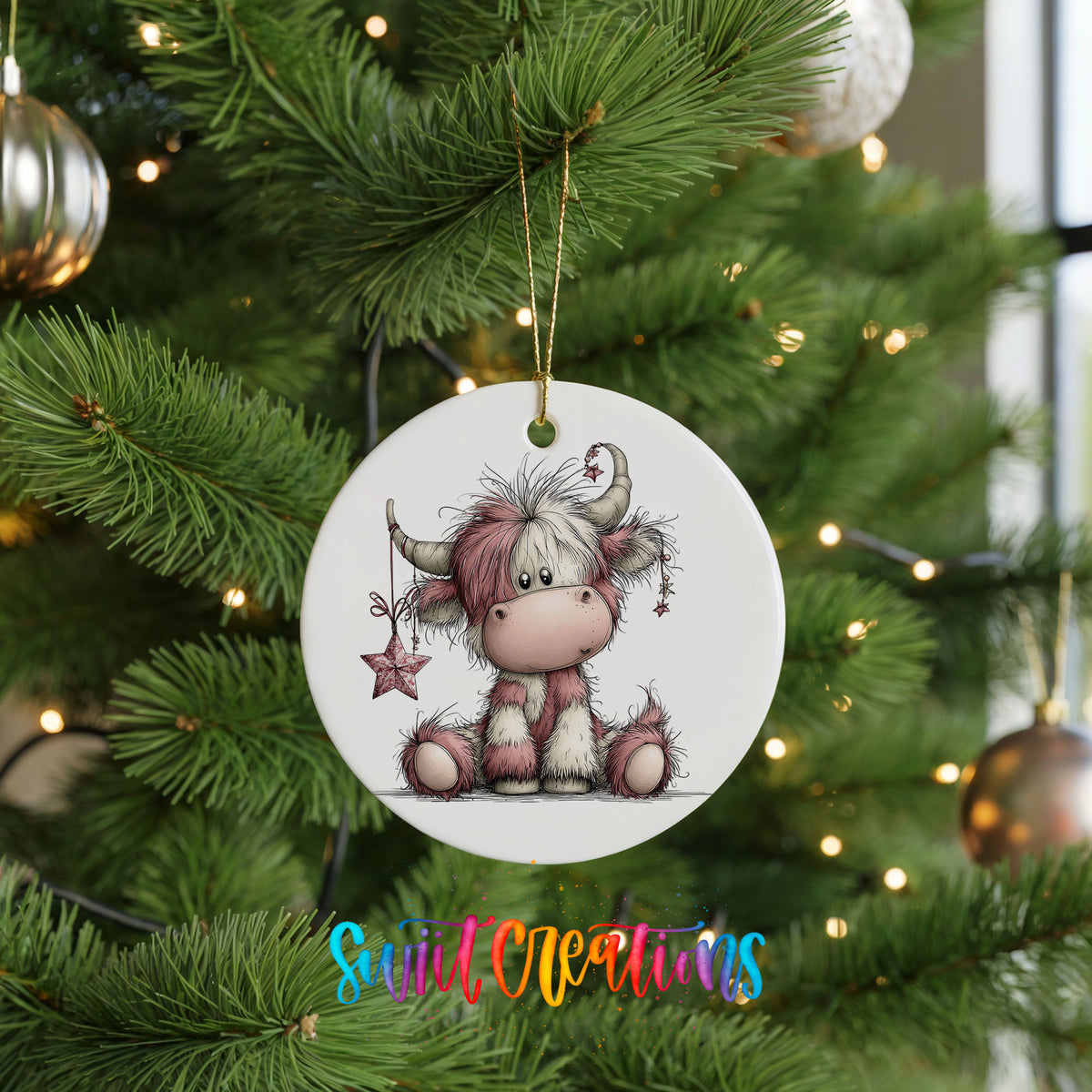 Highland cow with pink winter flowers ceramic Christmas ornament hanging on a lit Christmas tree
