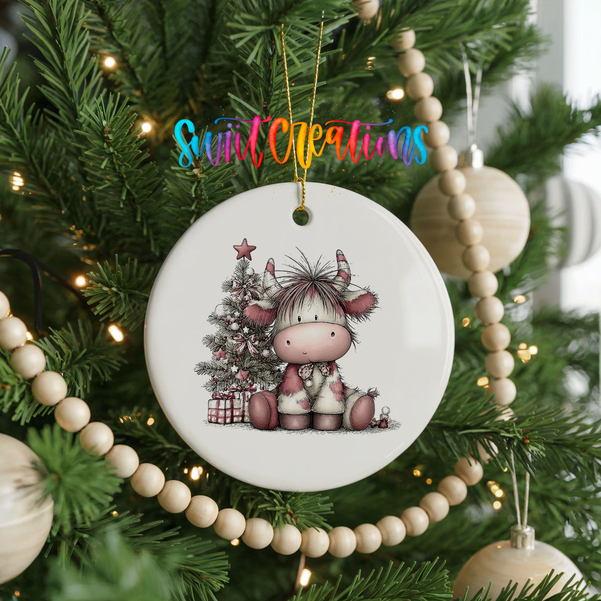 Highland cow beside a decorated Christmas tree and gifts ceramic Christmas ornament hanging on a green Christmas tree