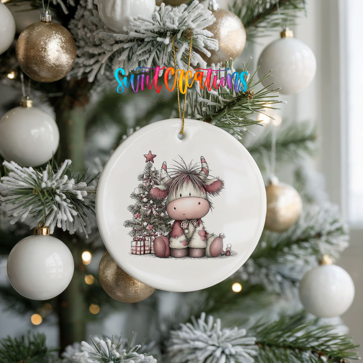 Highland cow beside a decorated Christmas tree and gifts ceramic Christmas ornament hanging on a frosted tree with ornaments