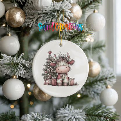 Highland cow beside a decorated Christmas tree and gifts ceramic Christmas ornament hanging on a frosted tree with ornaments
