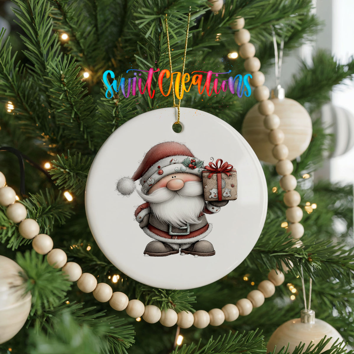 Santa Claus holding a wrapped Christmas gift ceramic Christmas ornament hanging on a green Christmas tree