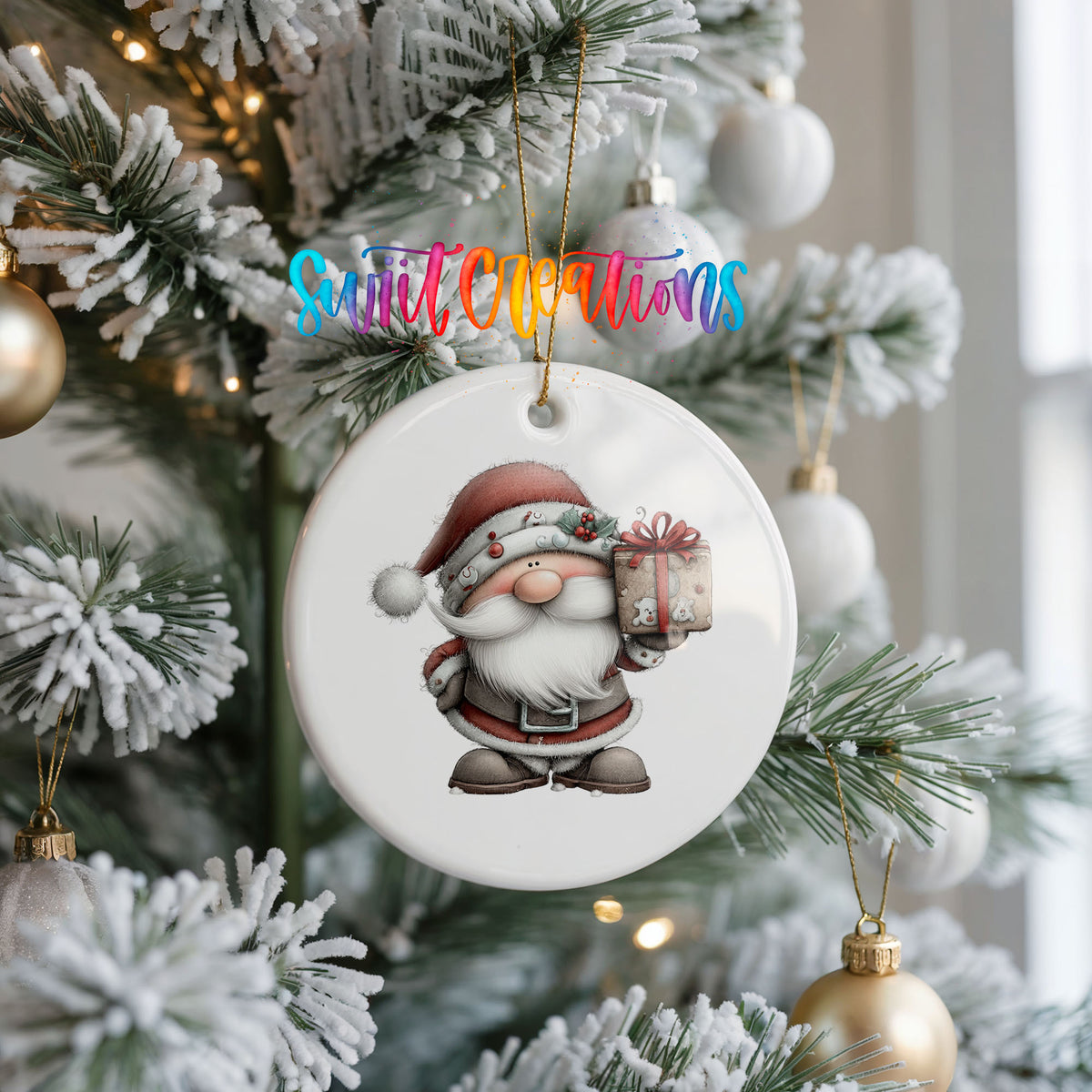 Santa Claus holding a wrapped Christmas gift ceramic Christmas ornament hanging on a frosted Christmas tree