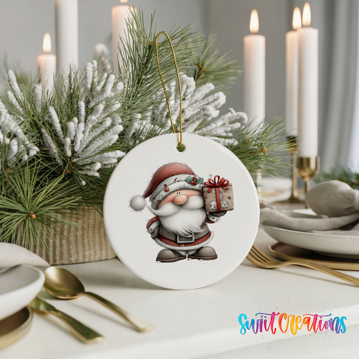Santa Claus holding a wrapped Christmas gift ceramic Christmas ornament shown in a holiday table setting