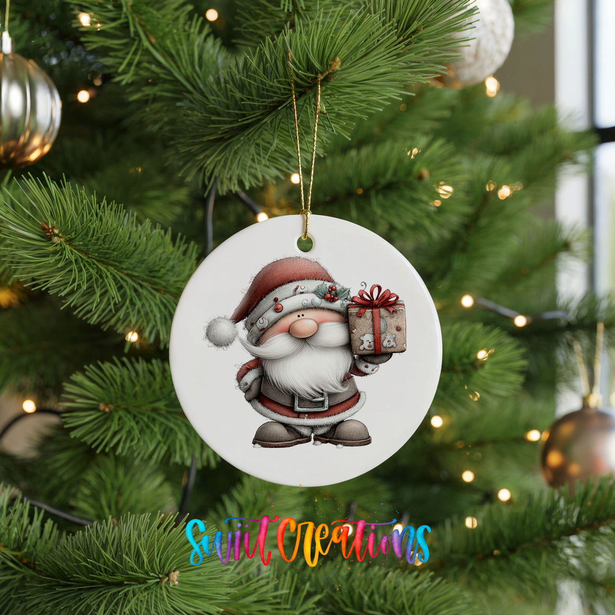 Santa Claus holding a wrapped Christmas gift ceramic Christmas ornament hanging on a lit Christmas tree