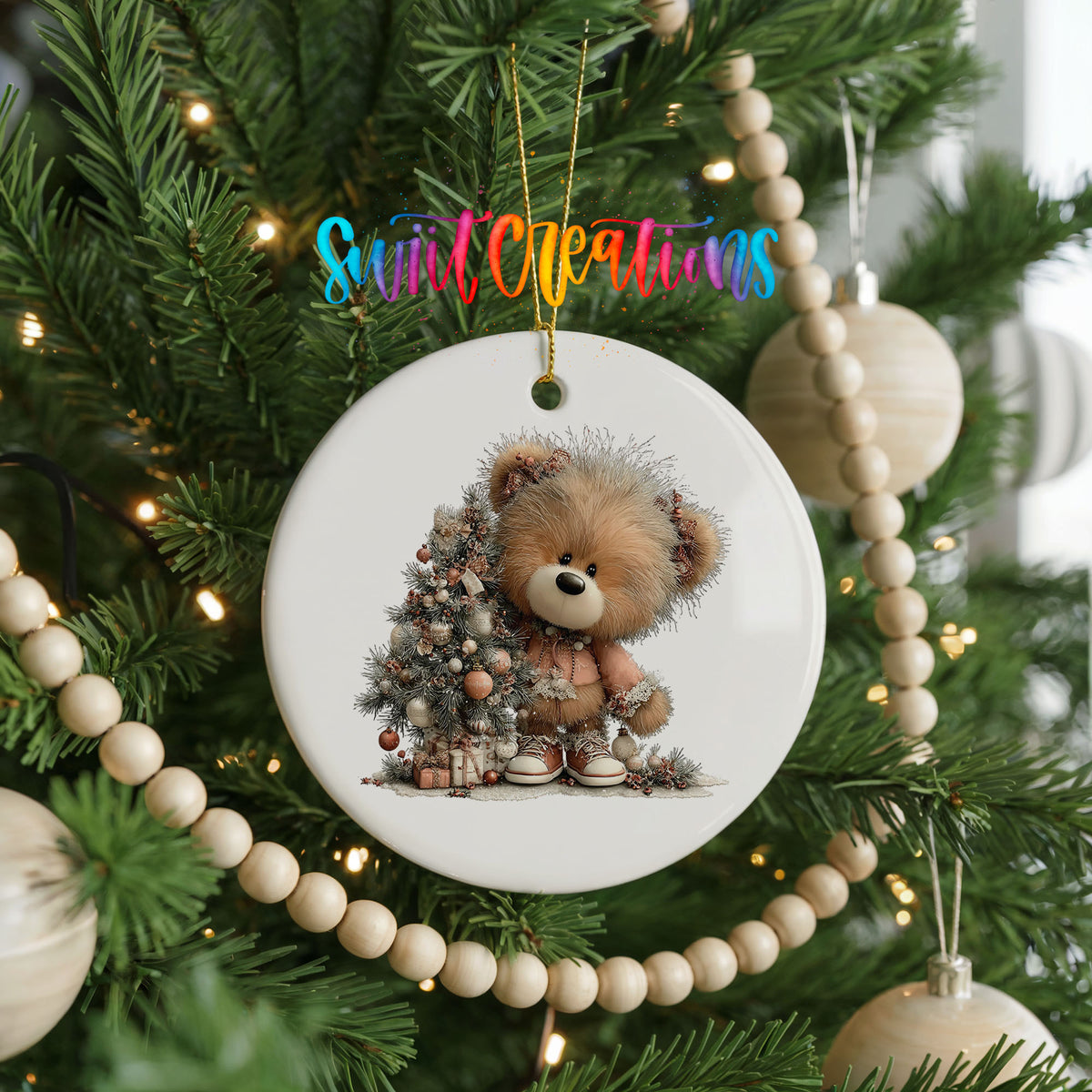 teddy bear sitting beside a decorated Christmas tree ceramic Christmas ornament hanging on a green Christmas tree