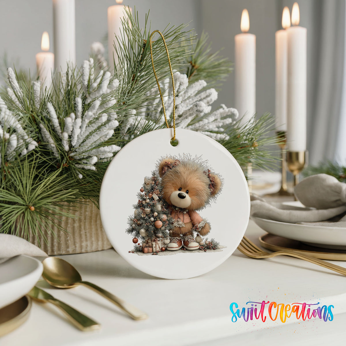 teddy bear sitting beside a decorated Christmas tree ceramic Christmas ornament shown in a holiday table setting