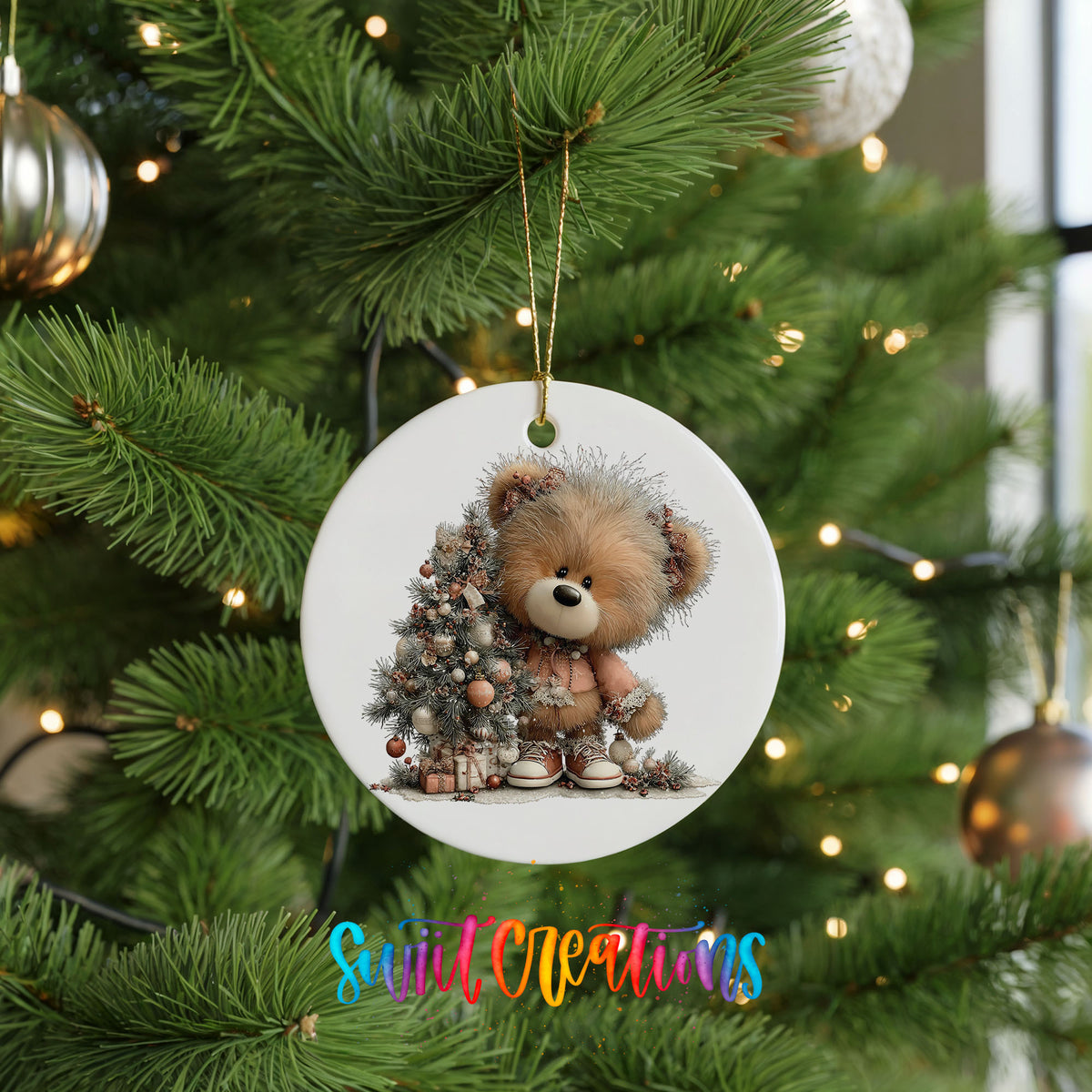 teddy bear sitting beside a decorated Christmas tree ceramic Christmas ornament hanging on a lit Christmas tree