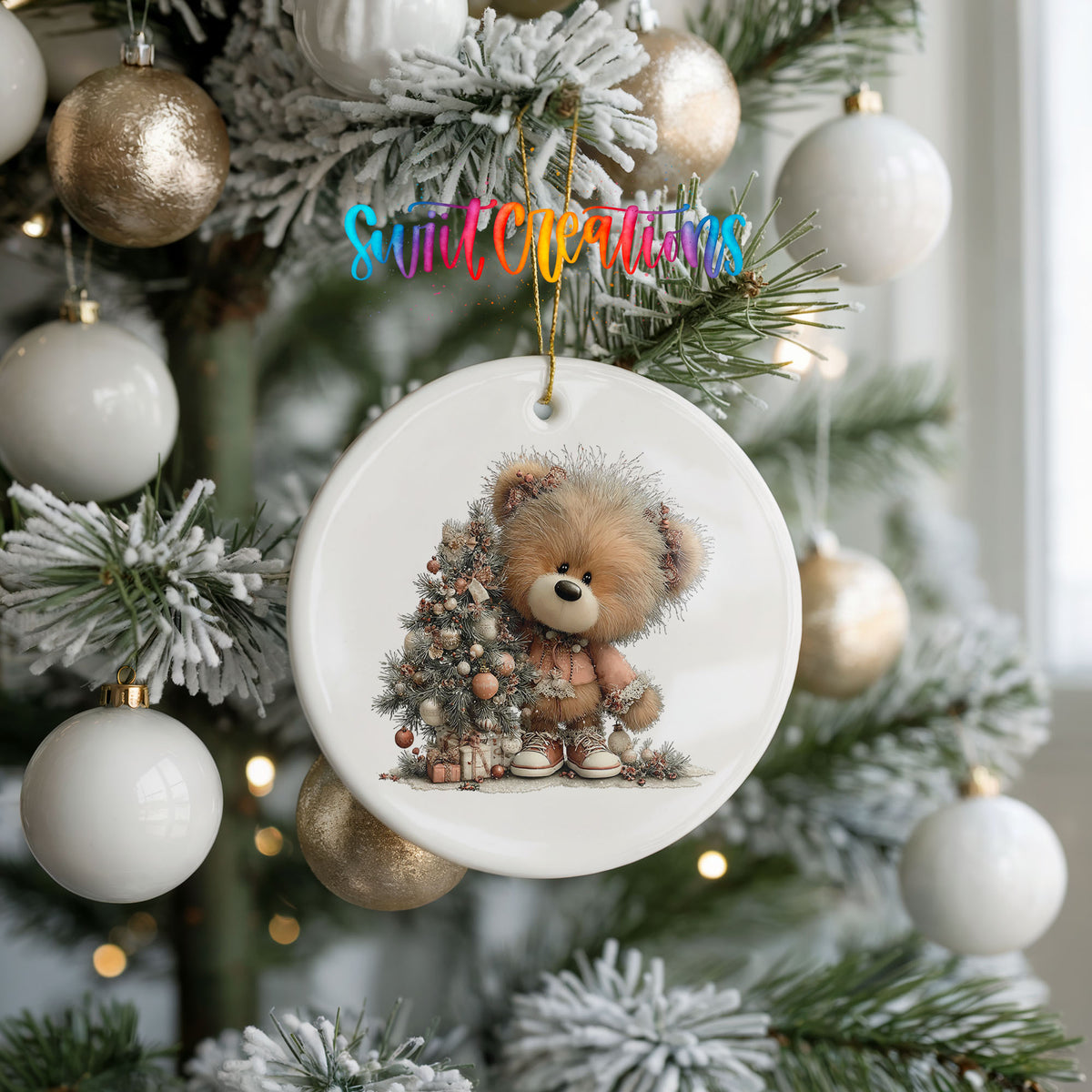 teddy bear sitting beside a decorated Christmas tree ceramic Christmas ornament hanging on a frosted tree with ornaments