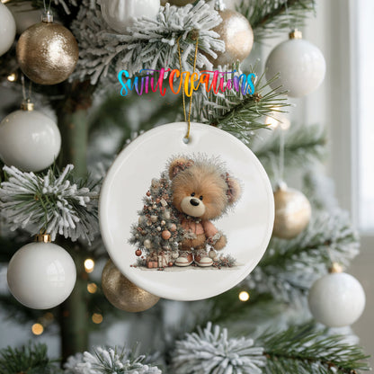 teddy bear sitting beside a decorated Christmas tree ceramic Christmas ornament hanging on a frosted tree with ornaments