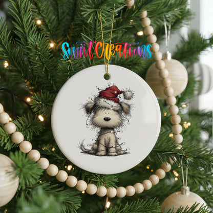 fluffy puppy in a Santa hat ceramic Christmas ornament hanging on a green Christmas tree