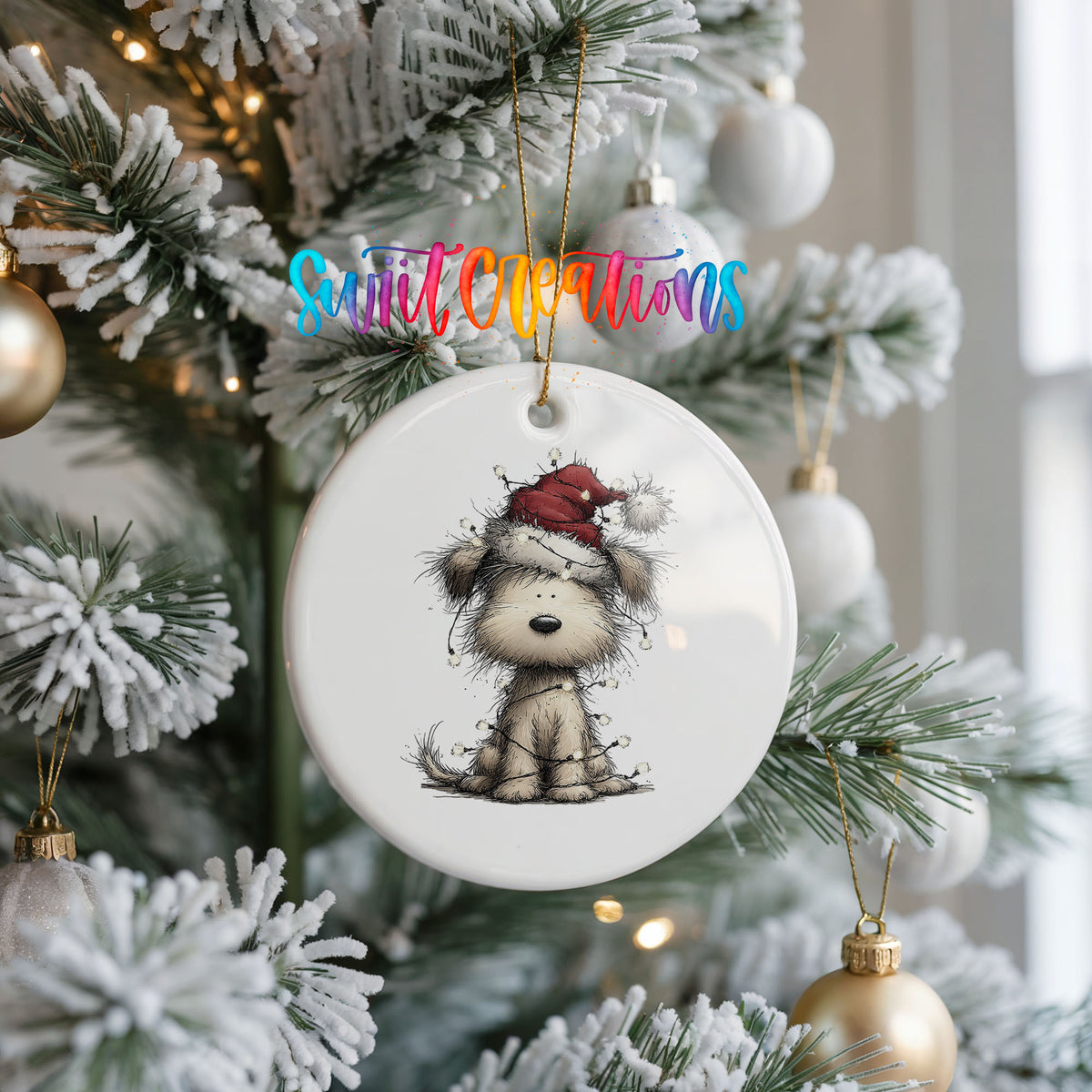 fluffy puppy in a Santa hat ceramic Christmas ornament hanging on a frosted Christmas tree