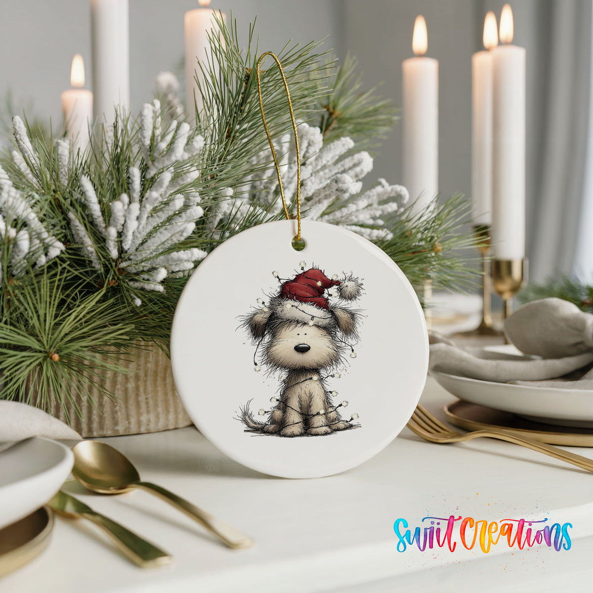 fluffy puppy in a Santa hat ceramic Christmas ornament shown in a holiday table setting