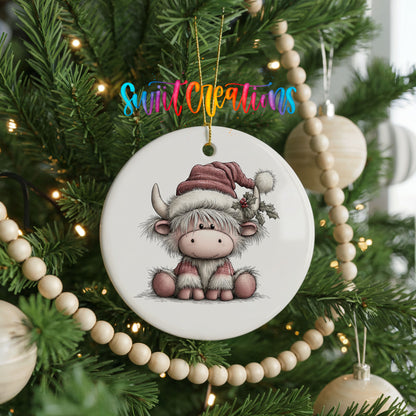 Highland cow in a pink Santa hat ceramic Christmas ornament hanging on a green Christmas tree