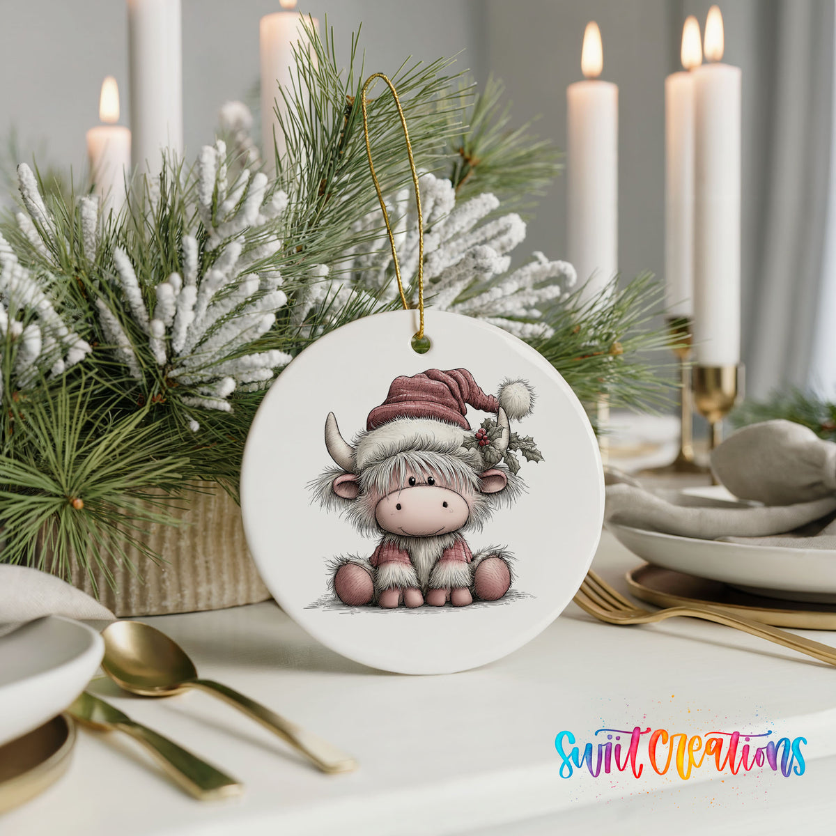 Highland cow in a pink Santa hat ceramic Christmas ornament shown in a holiday table setting