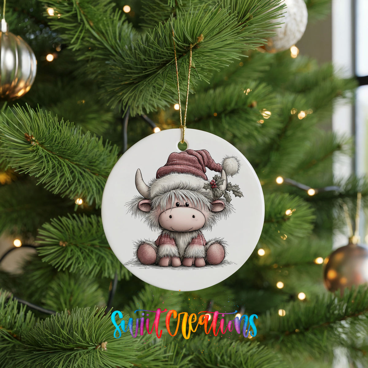 Highland cow in a pink Santa hat ceramic Christmas ornament hanging on a lit Christmas tree