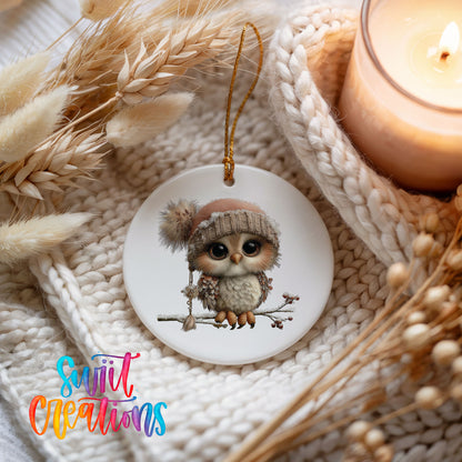 winter owl perched on a snowy branch ceramic Christmas ornament styled on a cozy knit blanket