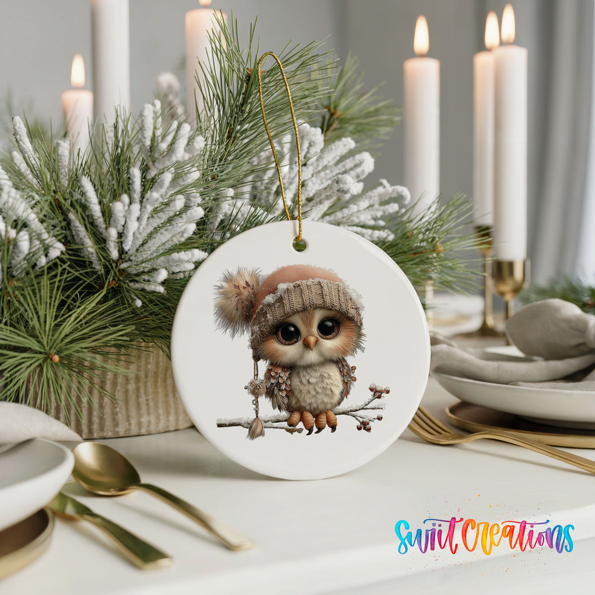 winter owl perched on a snowy branch ceramic Christmas ornament shown in a holiday table setting