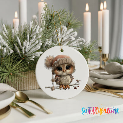 winter owl perched on a snowy branch ceramic Christmas ornament shown in a holiday table setting