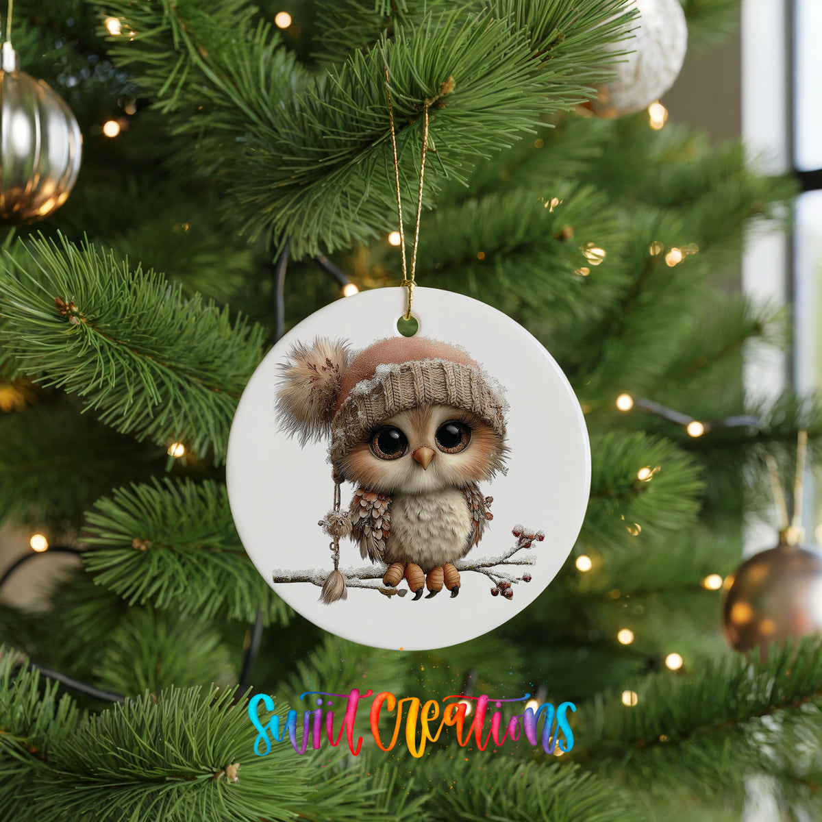 winter owl perched on a snowy branch ceramic Christmas ornament hanging on a lit Christmas tree
