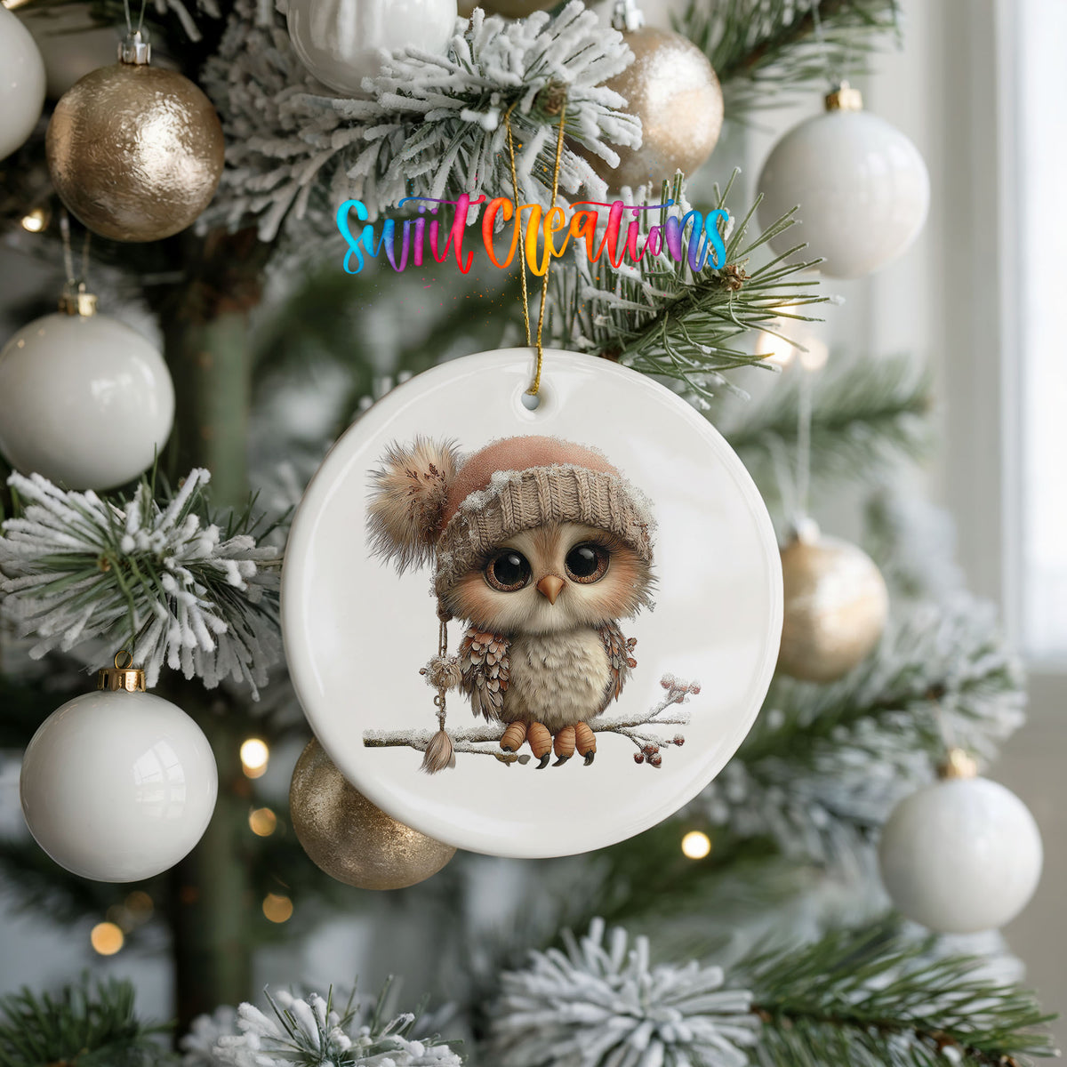 winter owl perched on a snowy branch ceramic Christmas ornament hanging on a frosted tree with ornaments