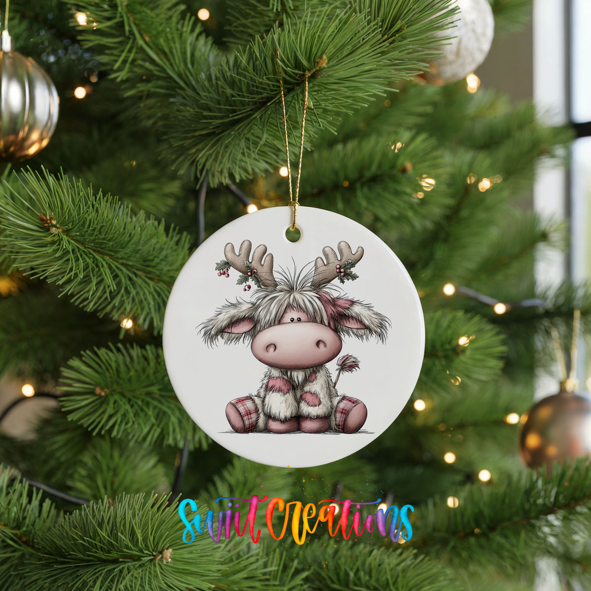 Highland cow wearing reindeer antlers and a striped scarf ceramic Christmas ornament hanging on a lit Christmas tree