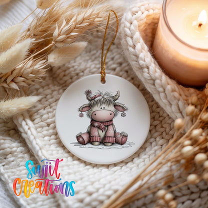 Highland cow in a pink scarf with winter flowers ceramic Christmas ornament styled on a cozy knit blanket