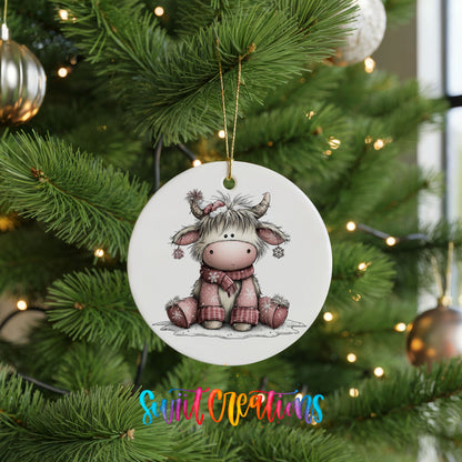 Highland cow in a pink scarf with winter flowers ceramic Christmas ornament hanging on a lit Christmas tree
