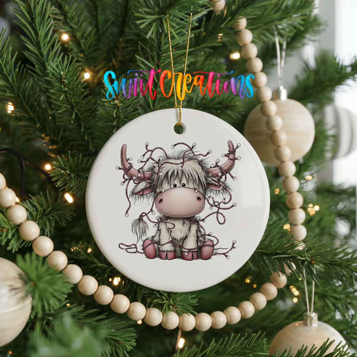 Highland cow with decorated antlers and Christmas lights ceramic Christmas ornament hanging on a green Christmas tree