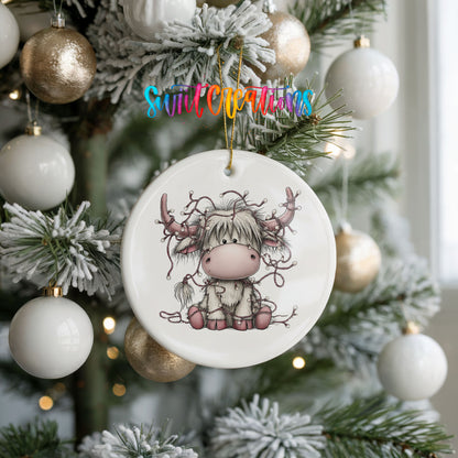 Highland cow with decorated antlers and Christmas lights ceramic Christmas ornament hanging on a frosted tree with ornaments