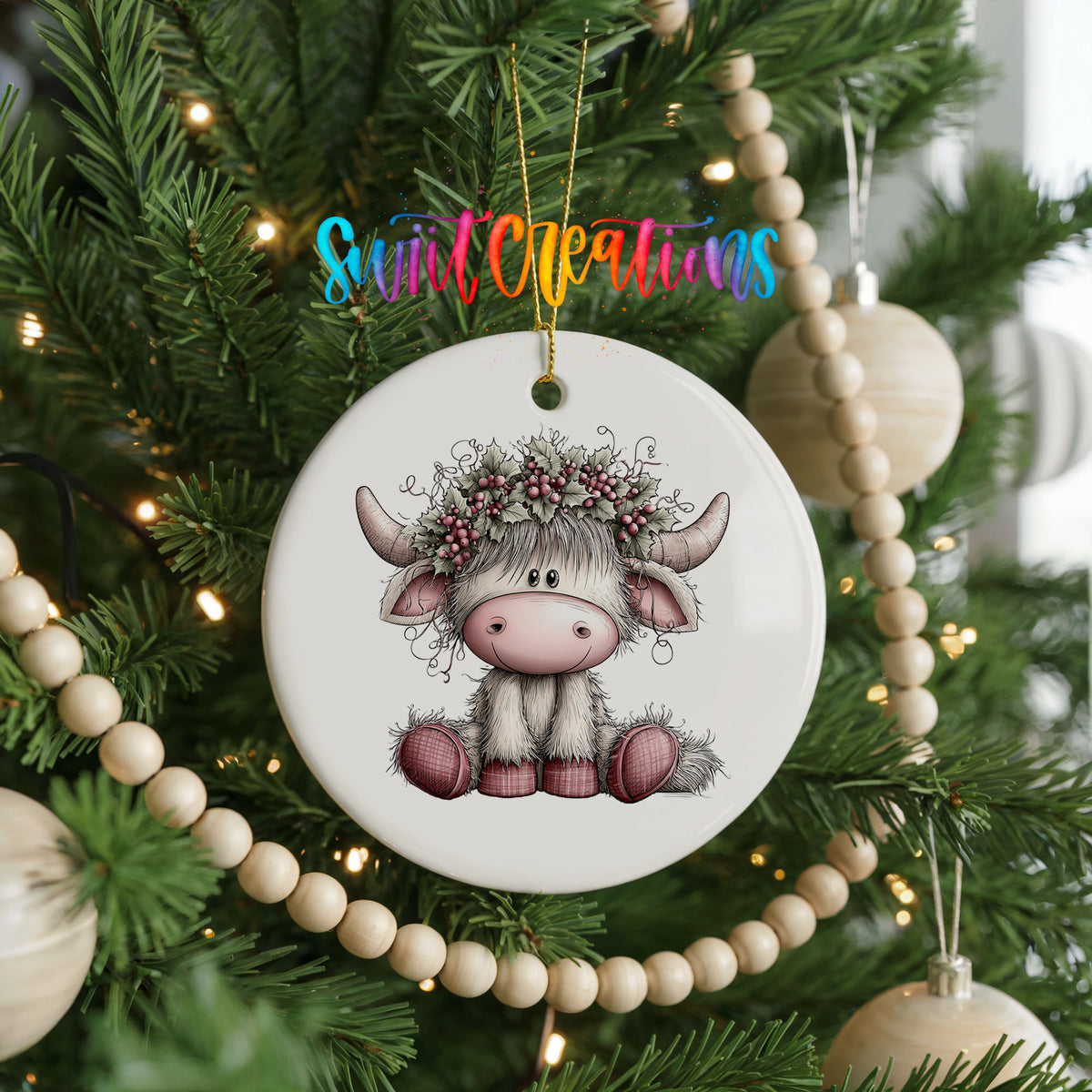 Highland cow with winter flowers and a pink scarf ceramic Christmas ornament hanging on a green Christmas tree
