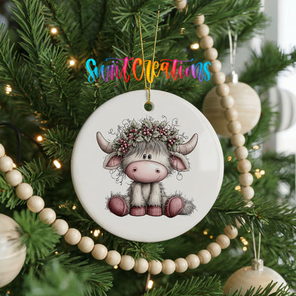 Highland cow with winter flowers and a pink scarf ceramic Christmas ornament hanging on a green Christmas tree