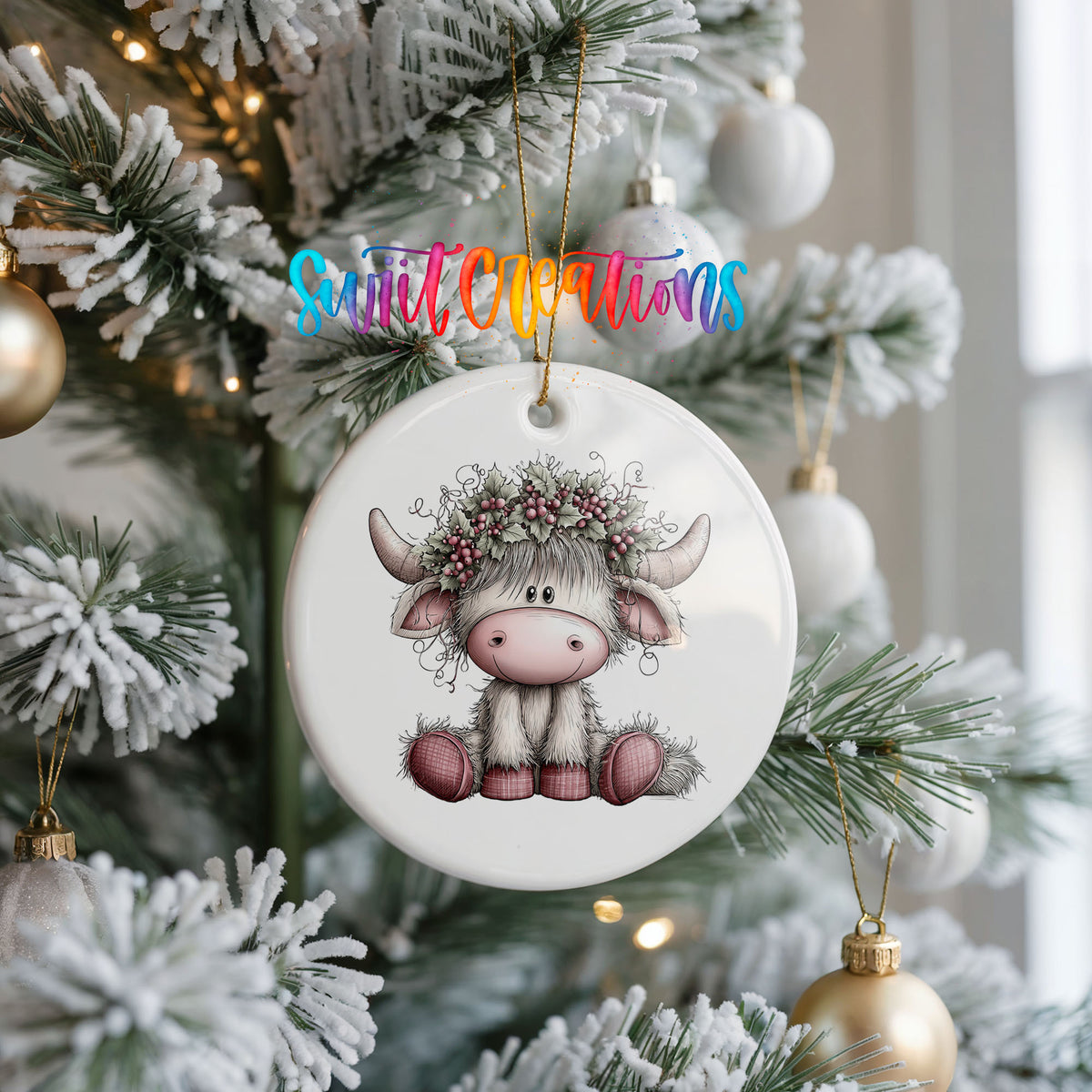 Highland cow with winter flowers and a pink scarf ceramic Christmas ornament hanging on a frosted Christmas tree