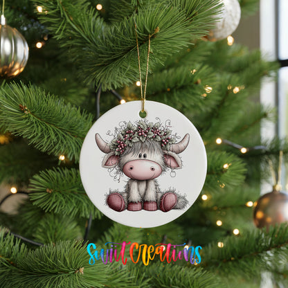 Highland cow with winter flowers and a pink scarf ceramic Christmas ornament hanging on a lit Christmas tree