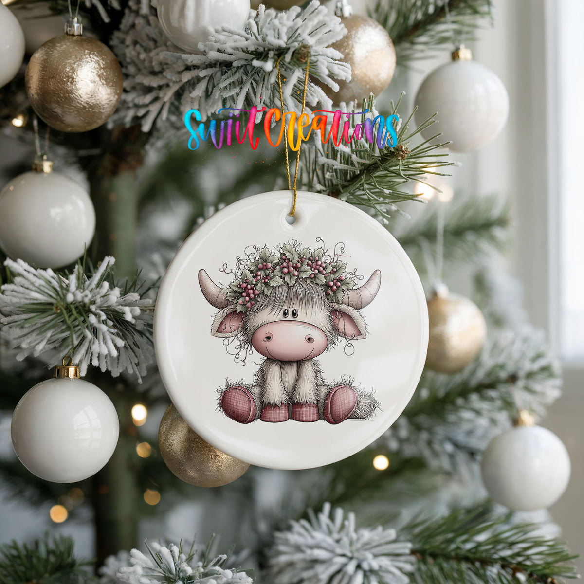 Highland cow with winter flowers and a pink scarf ceramic Christmas ornament hanging on a frosted tree with ornaments