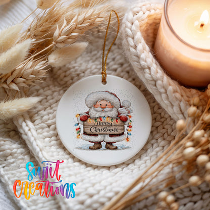 Santa Claus holding a Merry Christmas sign with Christmas lights ceramic Christmas ornament styled on a cozy knit blanket