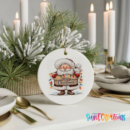 Santa Claus holding a Merry Christmas sign with Christmas lights ceramic Christmas ornament shown in a holiday table setting