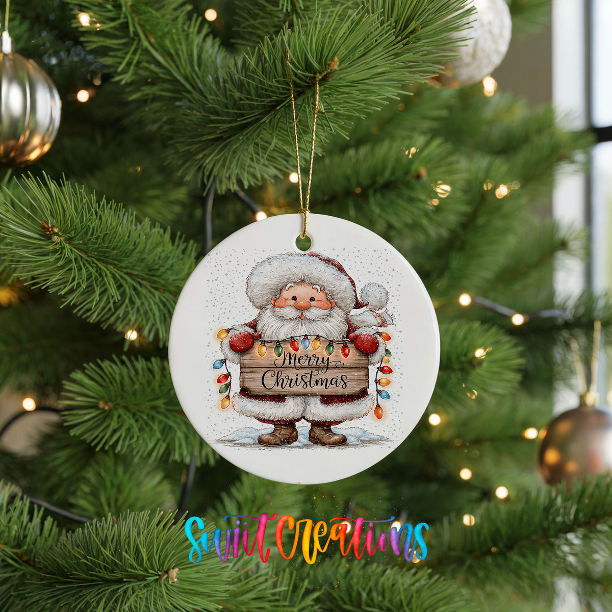 Santa Claus holding a Merry Christmas sign with Christmas lights ceramic Christmas ornament hanging on a lit Christmas tree