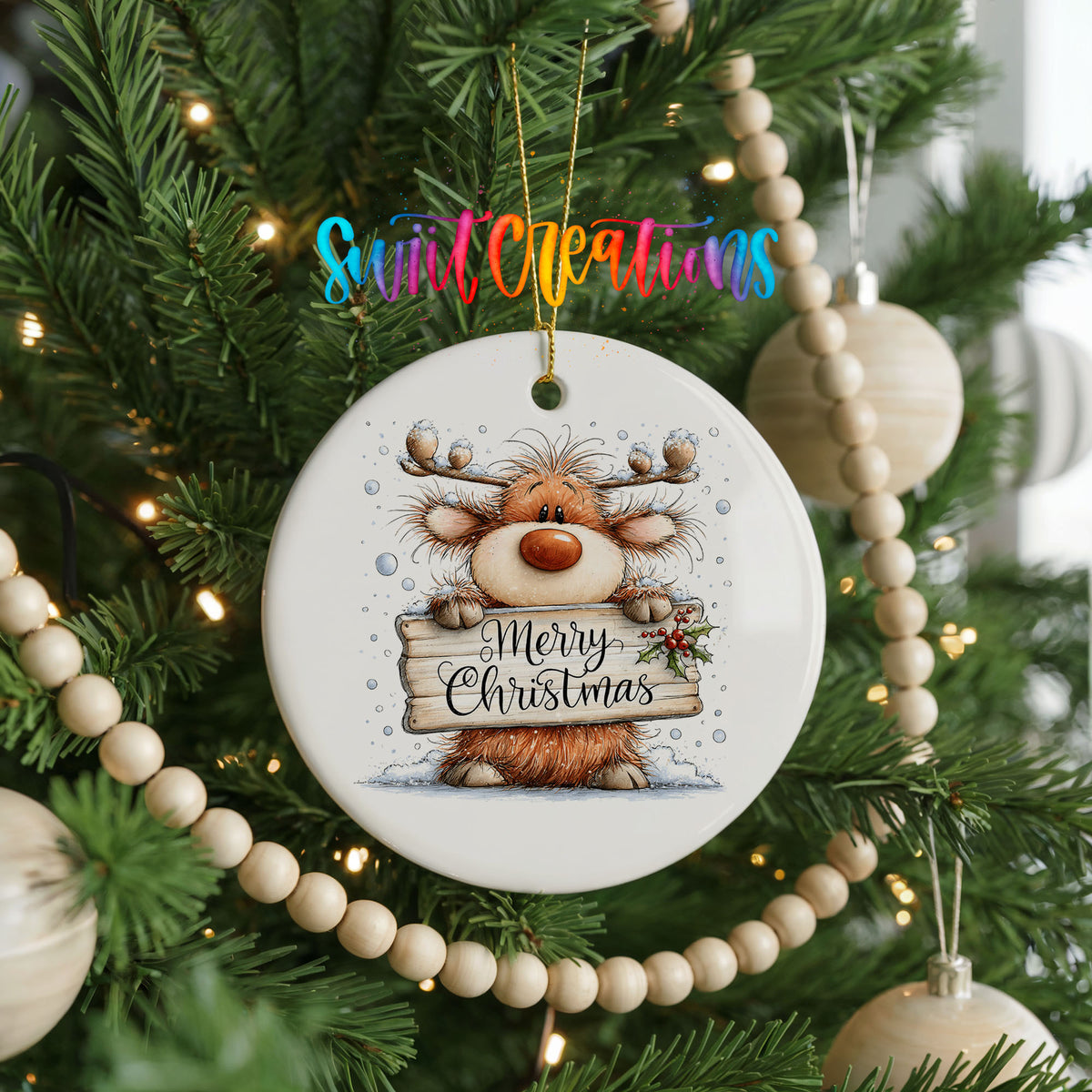 reindeer holding a Merry Christmas sign ceramic Christmas ornament hanging on a green Christmas tree