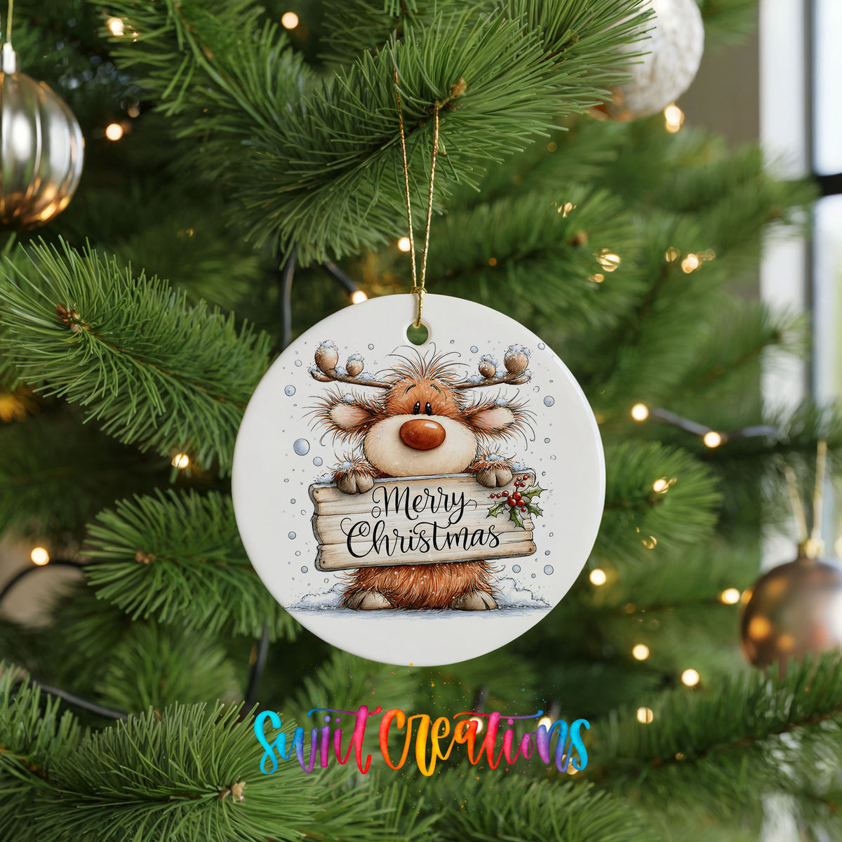 reindeer holding a Merry Christmas sign ceramic Christmas ornament hanging on a lit Christmas tree