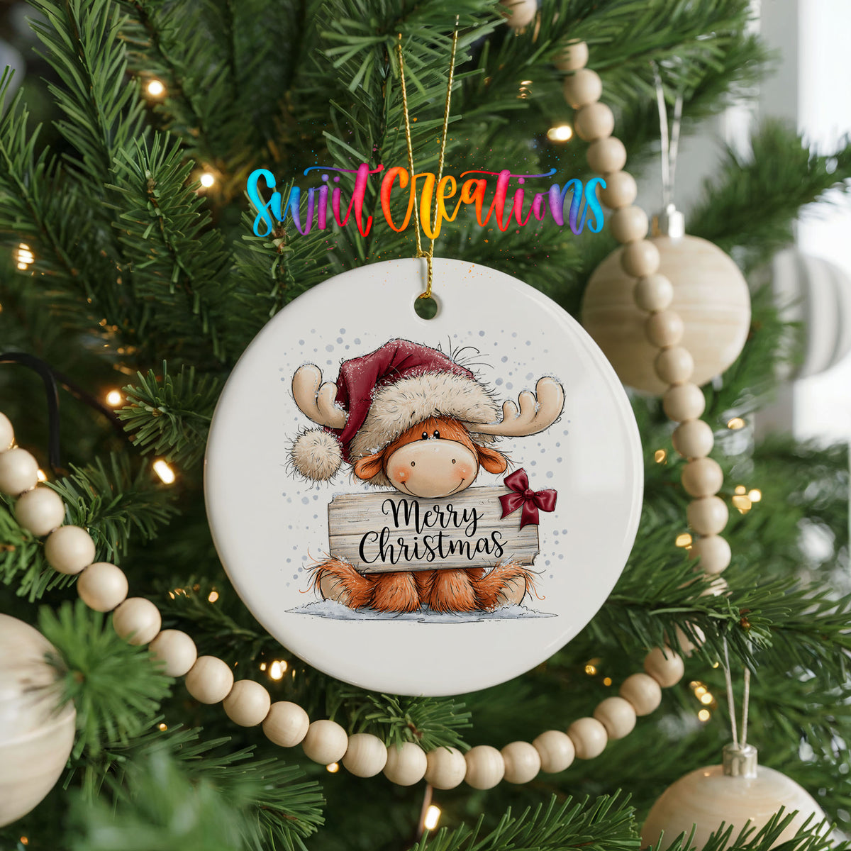moose in a Santa hat holding a Merry Christmas sign ceramic Christmas ornament hanging on a green Christmas tree