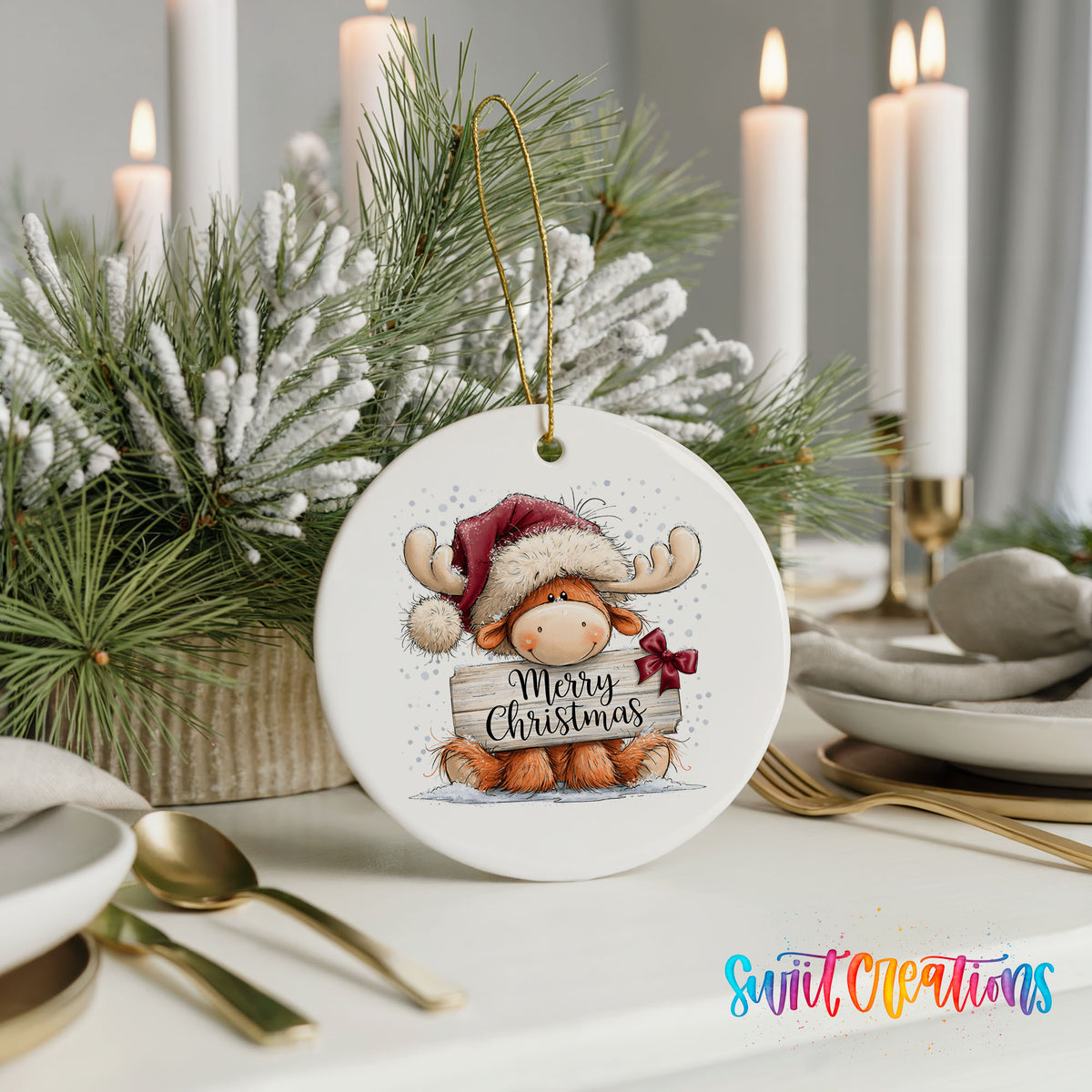 moose in a Santa hat holding a Merry Christmas sign ceramic Christmas ornament shown in a holiday table setting