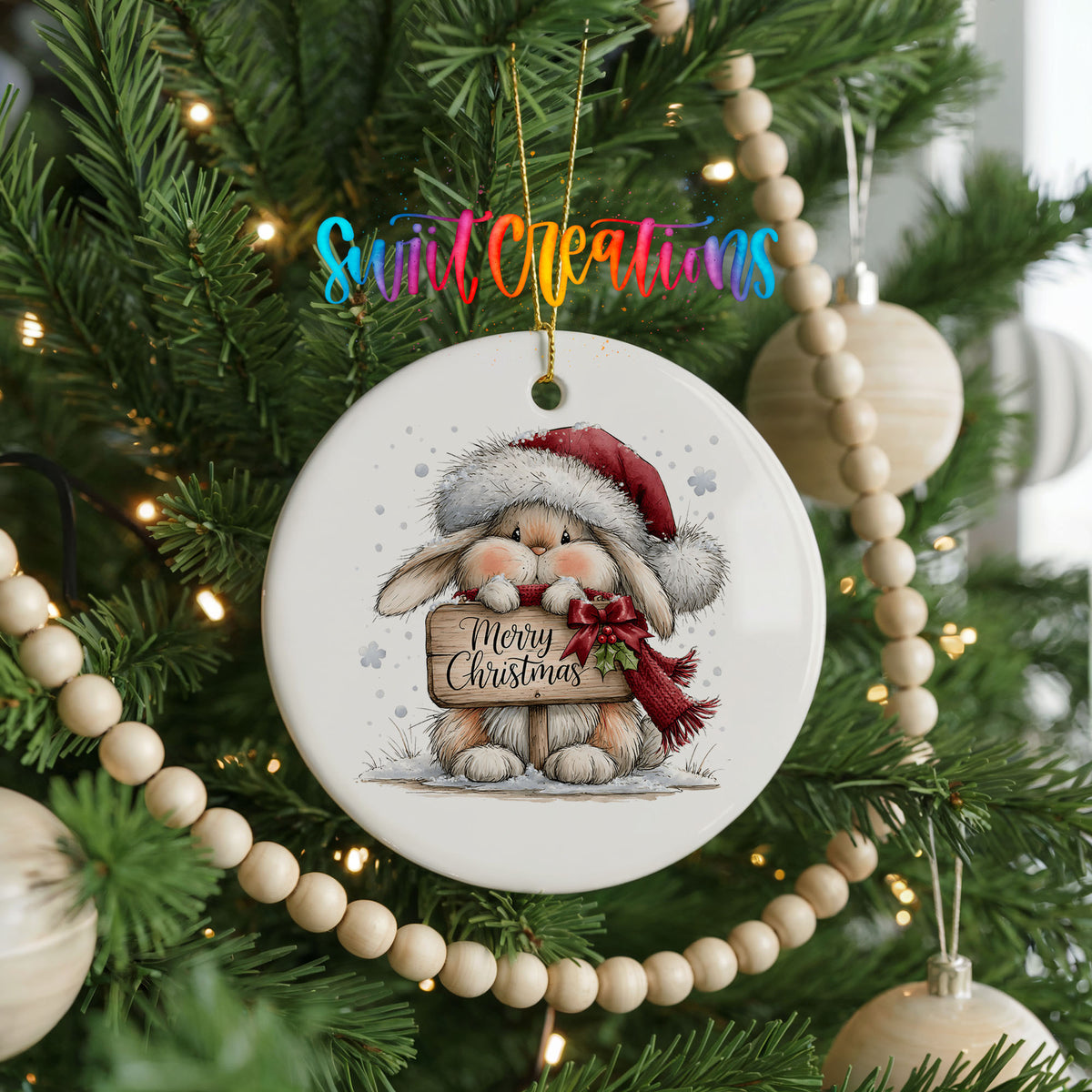 Christmas rabbit holding a Merry Christmas sign ceramic Christmas ornament hanging on a green Christmas tree