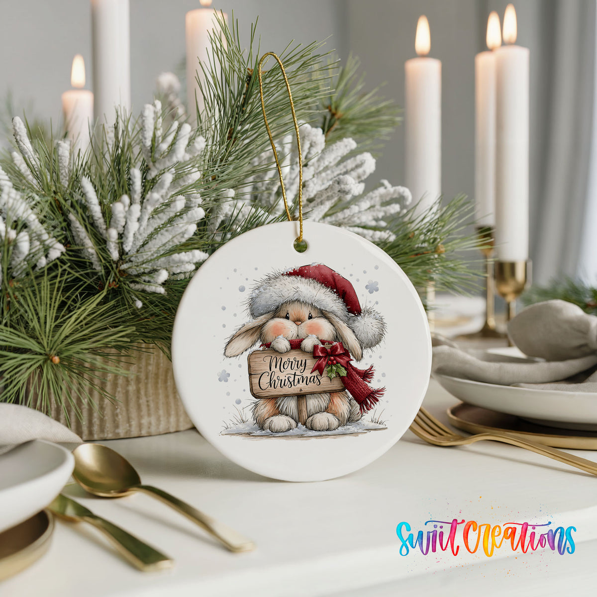Christmas rabbit holding a Merry Christmas sign ceramic Christmas ornament shown in a holiday table setting