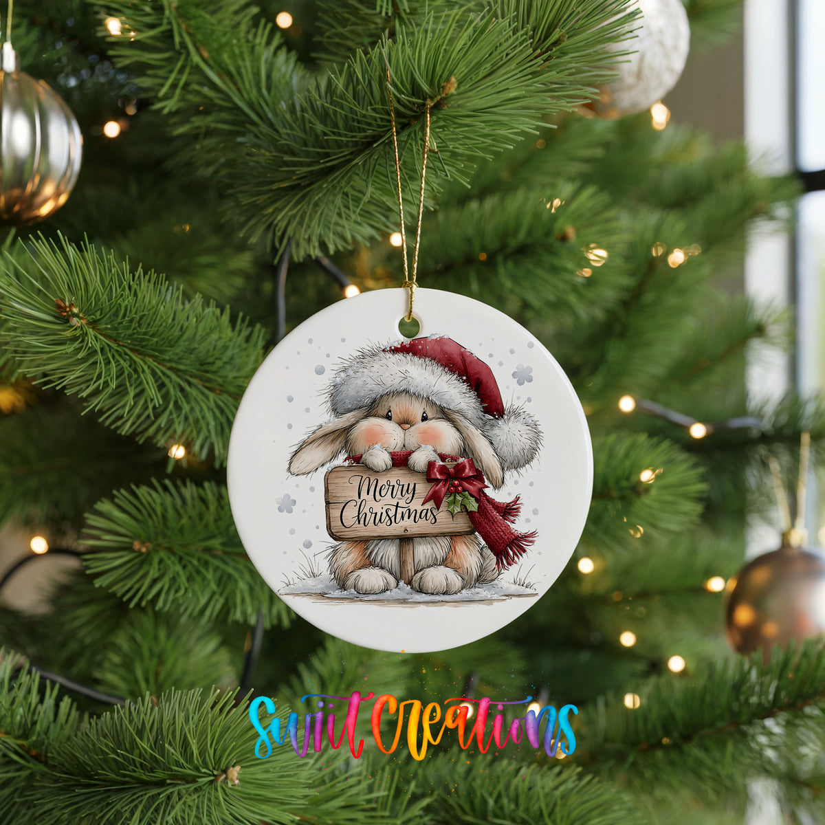 Christmas rabbit holding a Merry Christmas sign ceramic Christmas ornament hanging on a lit Christmas tree