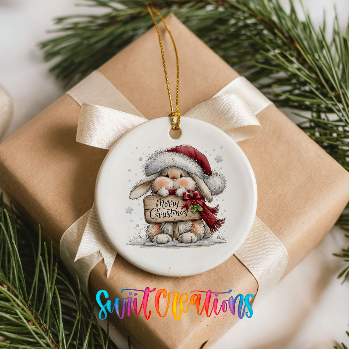 Christmas rabbit holding a Merry Christmas sign ceramic Christmas ornament displayed on a wrapped Christmas gift