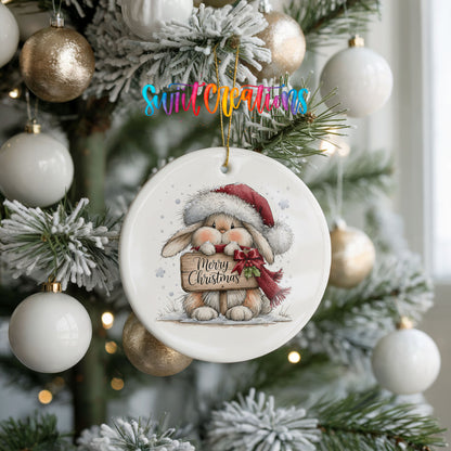 Christmas rabbit holding a Merry Christmas sign ceramic Christmas ornament hanging on a frosted tree with ornaments