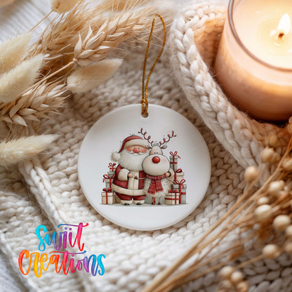 Santa Claus and reindeer beside wrapped Christmas gifts ceramic Christmas ornament styled on a cozy knit blanket